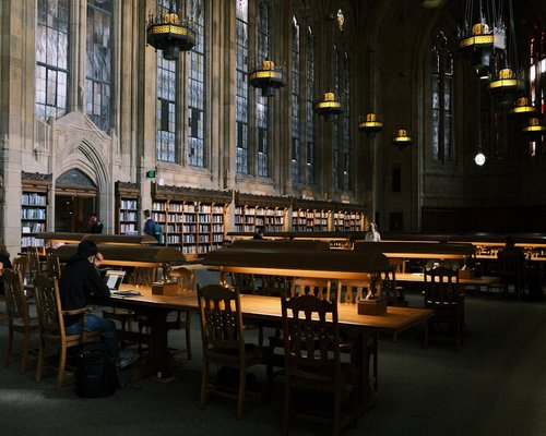Spacious library hall with wooden tables, historical archives, and ambient reading lights